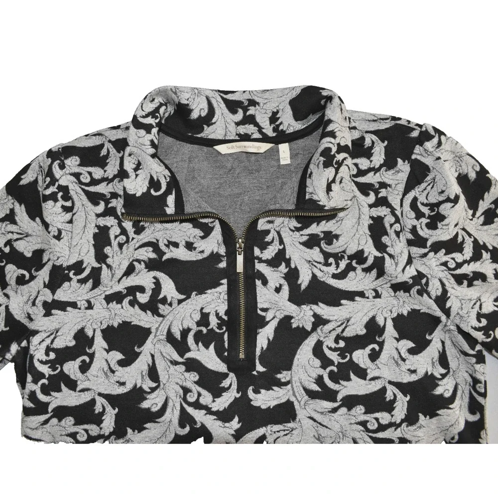 A3 NWOT SOFT SURROUNDINGS Winona Black & Gray Leaf Half Zip Pullover Top Size L
